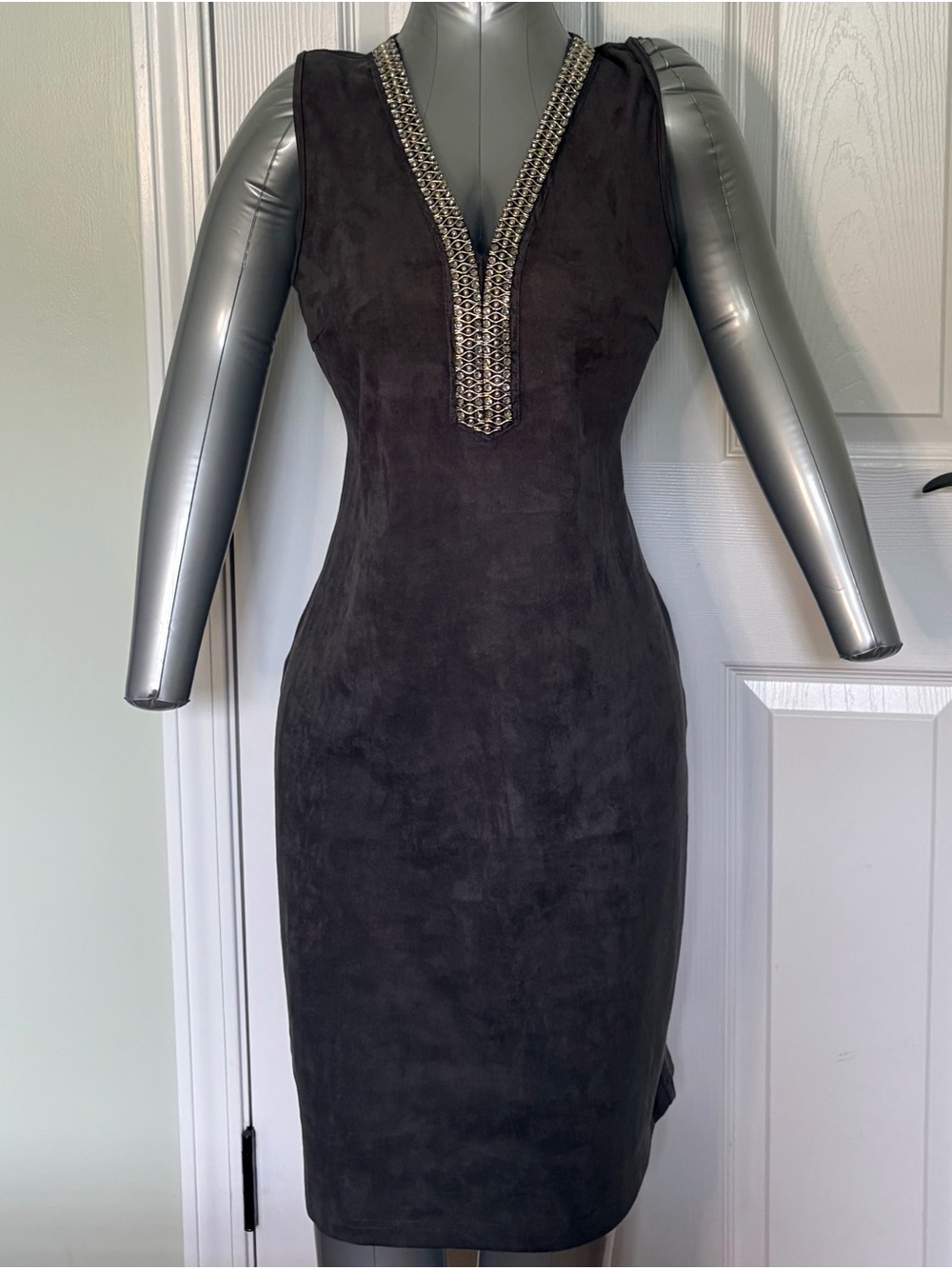 Gray Embellished V-Neck Sheath Dress